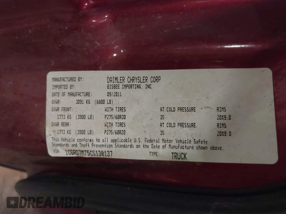 2012 Ram 1500 Sport with VIN 1C6RD7MT5CS130137, listed as a IAAI auction lot 42076238 with 269,336 mi miles. Bid and sale history available at carsss.com. Image 9.