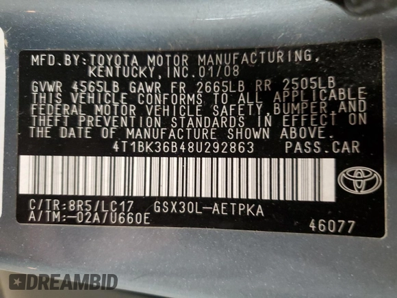2008 Toyota Avalon XL with VIN 4T1BK36B48U292863, listed as a Copart auction lot 52014335 with 184,831 mi miles and Salvage Title. Bid and sale history available at carsss.com. Image 13.