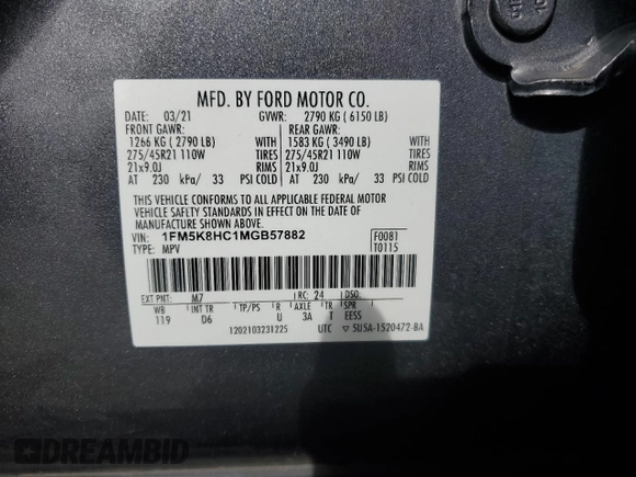 2021 Ford Explorer Platinum with VIN 1FM5K8HC1MGB57882, listed as a Copart auction lot 47325365 with 61,344 mi miles and Salvage Title. Bid and sale history available at carsss.com. Image 12.