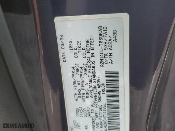 1998 Toyota Tacoma with VIN 4TANL42N6WZ111861, listed as a Copart auction lot 42017795 with 164,650 mi miles and Salvage Title. Bid and sale history available at carsss.com. Image 13.