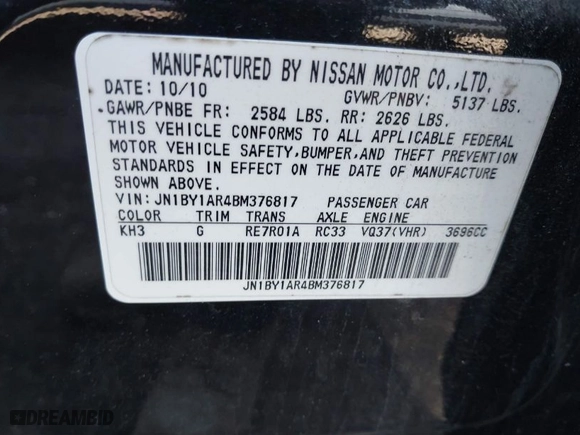 2011 Infiniti M37 with VIN JN1BY1AR4BM376817, listed as a IAAI auction lot 41899491 with 216,754 mi miles. Bid and sale history available at carsss.com. Image 9.