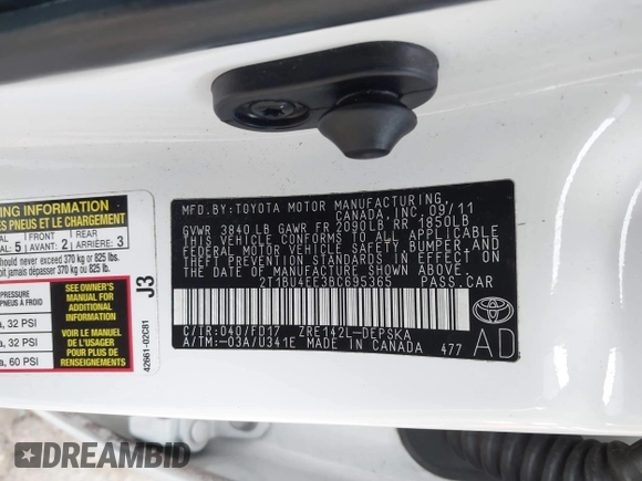 2011 Toyota Corolla L with VIN 2T1BU4EE3BC695365, listed as a IAAI auction lot 41790976 with 174,517 mi miles. Bid and sale history available at carsss.com. Image 9.