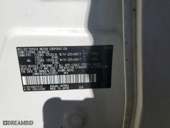 2016 Toyota RAV4 XLE with VIN JTMRFREV5GJ103837, listed as a Copart auction lot 42507055 with 99,426 mi miles and Salvage Title. Bid and sale history available at carsss.com. Image 14.