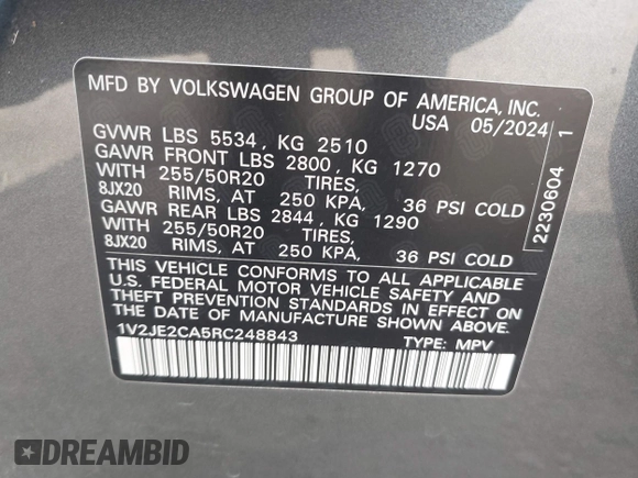 2024 Volkswagen Atlas SE with VIN 1V2JE2CA5RC248843, listed as a IAAI auction lot 42058274 with Not provided miles and . Bid and sale history available at DreamBid. Image 9.