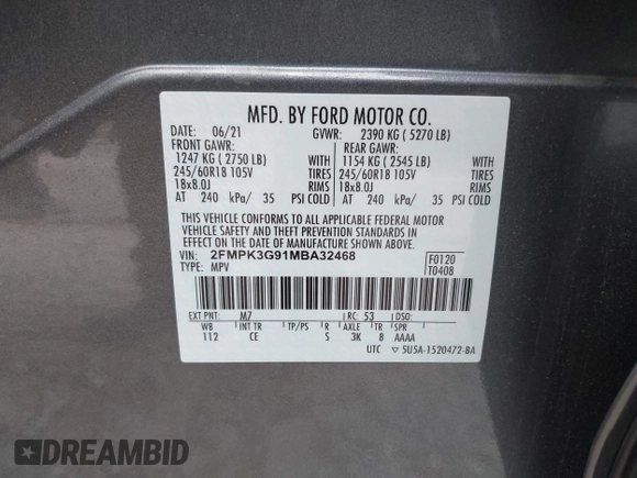 2021 Ford Edge SE with VIN 2FMPK3G91MBA32468, listed as a IAAI auction lot 42238057 with 120,691 mi miles and . Bid and sale history available at DreamBid. Image 9.