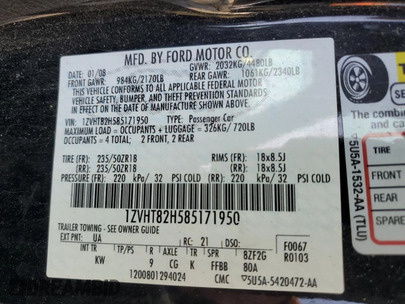 2008 Ford Mustang GT Deluxe with VIN 1ZVHT82H585171950, listed as a Copart auction lot 51599375 with 129,896 mi miles and Salvage Title. Bid and sale history available at carsss.com. Image 12.