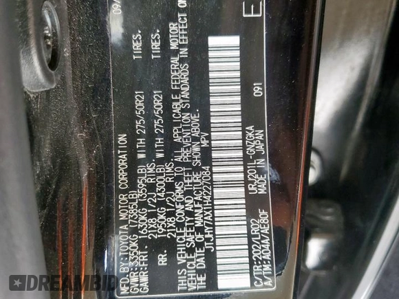 2017 Lexus LX 570 with VIN JTJHY7AX1H4227084, listed as a Copart auction lot 60571775 with 118,085 mi miles and Salvage title. Bid and sale history available at DreamBid. Image 13.