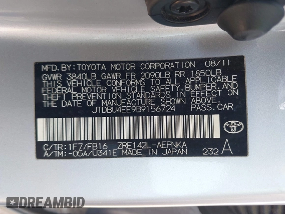 2011 Toyota Corolla L with VIN JTDBU4EE9B9156724, listed as a IAAI auction lot 42138344 with 96,486 mi miles and . Bid and sale history available at DreamBid. Image 9.