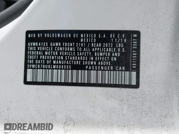 2020 Volkswagen Jetta S z VIN 3VWCB7BU8LM008555, wystawiony jako IAAI lot #41986229 z przebiegiem 54 251 mil mil oraz . Historia ofert i sprzedaży dostępna na DreamBid. Obrazek 9.