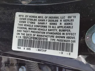 2019 Honda Civic Sport with VIN 19XFC2F89KE051016, listed as a IAAI auction lot 42042322 with 36,775 mi miles and . Bid and sale history available at DreamBid. Image 9.