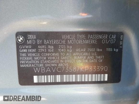 2007 BMW 3 Series 328xi z VIN WBAVC73587KP33390, wystawiony jako IAAI lot #42465688 z przebiegiem 144 423 mil mil oraz . Historia ofert i sprzedaży dostępna na DreamBid. Obrazek 9.