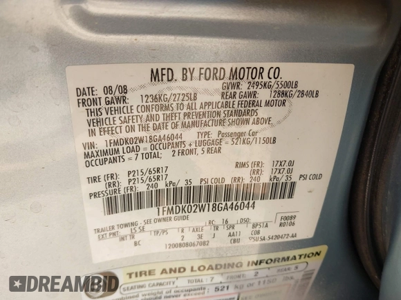 2008 Ford Taurus X SEL with VIN 1FMDK02W18GA46044, listed as a IAAI auction lot 42005130 with 177,231 mi miles and . Bid and sale history available at DreamBid. Image 9.