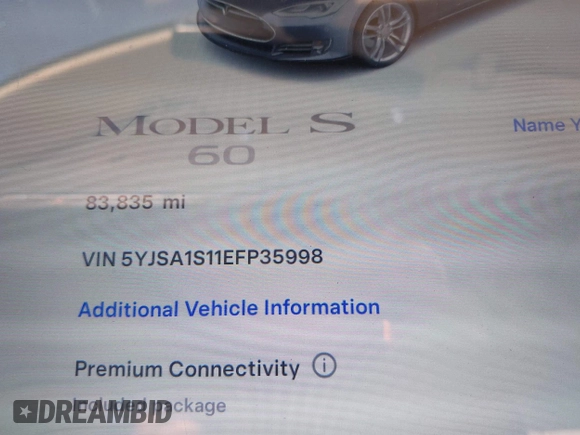 2014 Tesla Model S 60 with VIN 5YJSA1S11EFP35998, listed as a IAAI auction lot 42316563 with 83,835 mi miles and . Bid and sale history available at DreamBid. Image 16.