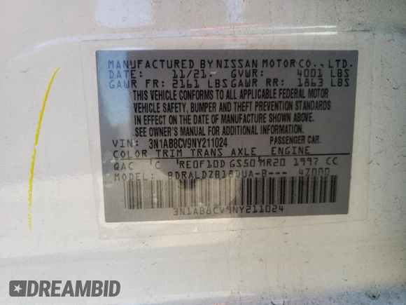 2022 Nissan Sentra SV with VIN 3N1AB8CV9NY211024, listed as a Copart auction lot 48975375 with 53,744 mi miles and Salvage Title. Bid and sale history available at carsss.com. Image 14.