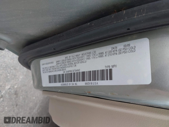 2009 Subaru Outback Limited with VIN 4S4BP66C397344642, listed as a IAAI auction lot 42731048 with 185,175 mi miles and . Bid and sale history available at DreamBid. Image 9.