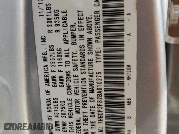 2011 Honda Accord EX-L z VIN 1HGCP3F82BA010275, wystawiony jako Copart lot #63698715 z przebiegiem 150 103 mil mil oraz Czysty tytuł • Clean title. Historia ofert i sprzedaży dostępna na DreamBid. Obrazek 12.