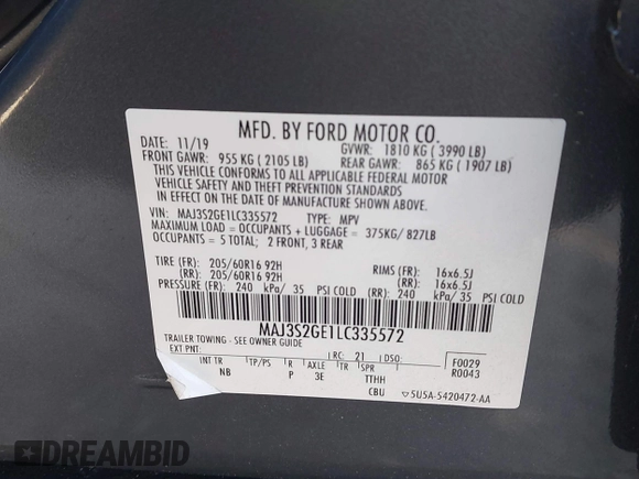 2020 Ford EcoSport SE with VIN MAJ3S2GE1LC335572, listed as a IAAI auction lot 41994963 with 54,530 mi miles and . Bid and sale history available at DreamBid. Image 9.