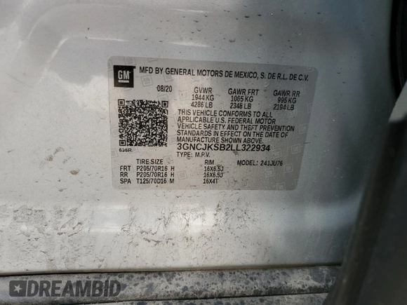 2020 Chevrolet Trax LS with VIN 3GNCJKSB2LL322934, listed as a Copart auction lot 49228295 with 104,391 mi miles and Salvage title. Bid and sale history available at DreamBid. Image 16.