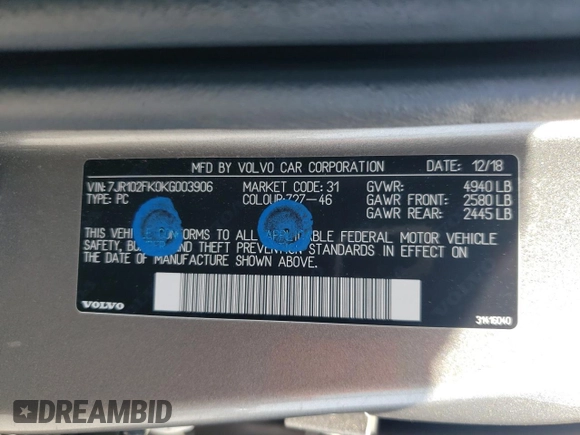 2019 Volvo S60 Momentum with VIN 7JR102FK0KG003906, listed as a Copart auction lot 59593124 with 65,761 mi miles and Salvage Title. Bid and sale history available at carsss.com. Image 14.