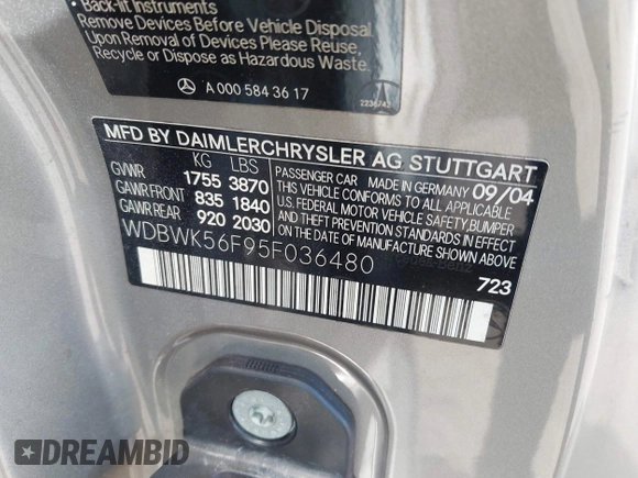 2005 Mercedes-Benz SLK 230/320 with VIN WDBWK56F95F036480, listed as a IAAI auction lot 42727660 with 95,249 mi miles and . Bid and sale history available at DreamBid. Image 9.