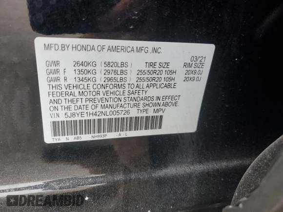 2022 Acura MDX w/Technology Package with VIN 5J8YE1H42NL005726, listed as a Copart auction lot 89049915 with 57,838 mi miles and Salvage Title. Bid and sale history available at carsss.com. Image 13.