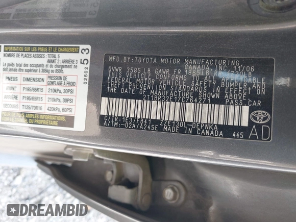 2007 Toyota Corolla CE with VIN 2T1BR32E17C764271, listed as a IAAI auction lot 42183622 with 195,770 mi miles and . Bid and sale history available at DreamBid. Image 9.