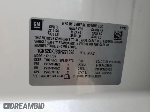 2016 GMC Yukon Denali with VIN 1GKS2CKJ8GR271098, listed as a Copart auction lot 42983315 with 109,582 mi miles and Salvage Title. Bid and sale history available at carsss.com. Image 14.