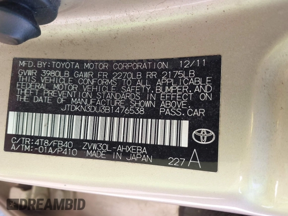 2011 Toyota Prius I with VIN JTDKN3DU3B1476538, listed as a IAAI auction lot 42269903 with Not Provided miles and . Bid and sale history available at DreamBid. Image 9.