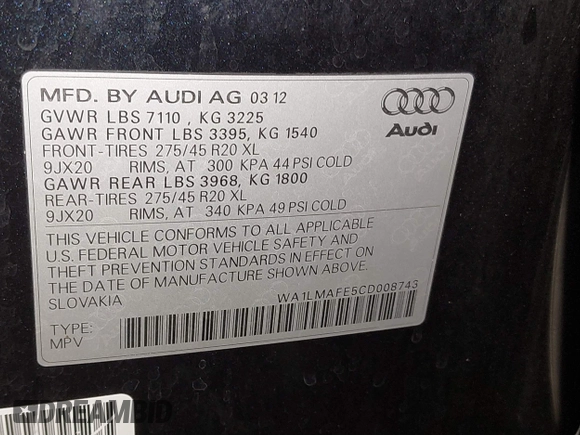 2012 Audi Q7 Premium Plus with VIN WA1LMAFE5CD008743, listed as a IAAI auction lot 40956930 with 117,947 mi miles and . Bid and sale history available at DreamBid. Image 9.