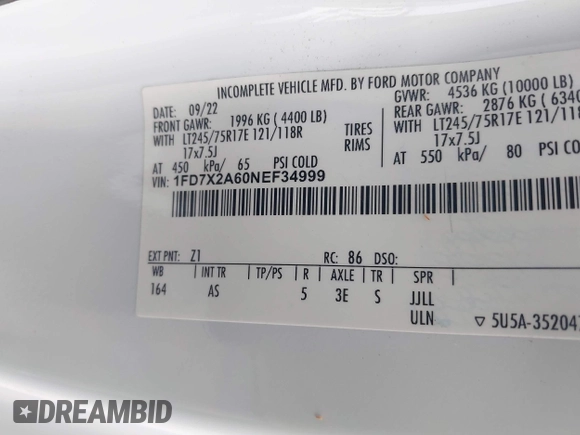 2022 Ford F-250 XL with VIN 1FD7X2A60NEF34999, listed as a IAAI auction lot 42282243 with 34,694 mi miles and . Bid and sale history available at DreamBid. Image 9.