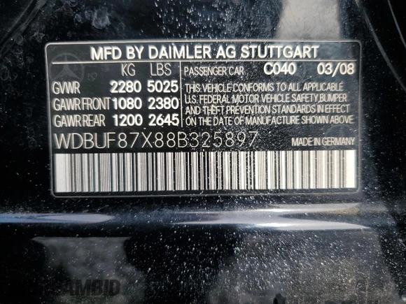 2008 Mercedes-Benz E 350 Luxury with VIN WDBUF87X88B325897, listed as a Copart auction lot 60238175 with 172,510 mi miles and Salvage title. Bid and sale history available at DreamBid. Image 13.