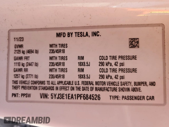 2023 Tesla Model 3 z VIN 5YJ3E1EA1PF684526, wystawiony jako Copart lot #50915345 z przebiegiem 14 109 mil mil oraz Szkoda całkowita • Salvage title. Historia ofert i sprzedaży dostępna na DreamBid. Obrazek 15.