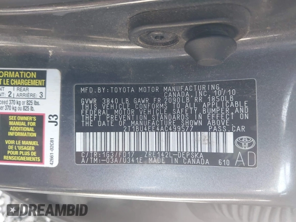 2010 Toyota Corolla with VIN 2T1BU4EE4AC499577, listed as a IAAI auction lot 42224154 with 275,574 mi miles and . Bid and sale history available at DreamBid. Image 9.