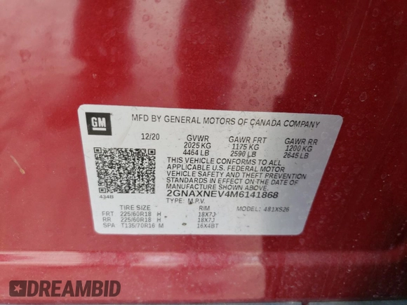 2021 Chevrolet Equinox Premier with VIN 2GNAXNEV4M6141868, listed as a Copart auction lot 58905505 with 98,330 mi miles and Non repairable. Bid and sale history available at DreamBid. Image 13.