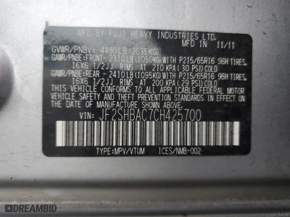 2012 Subaru Forester 2.5X with VIN JF2SHBAC7CH425700, listed as a Copart auction lot 87875805 with 148,001 mi miles and Salvage Title. Bid and sale history available at carsss.com. Image 15.