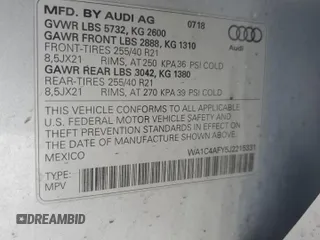 2018 Audi SQ5 Prestige with VIN WA1C4AFY5J2215331, listed as a Copart auction lot 86242054 with 61,457 mi miles and Clean Title. Bid and sale history available at DreamBid. Image 14.