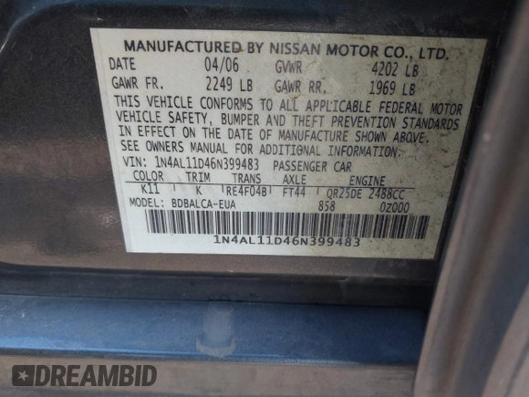 2006 Nissan Altima 2.5 with VIN 1N4AL11D46N399483, listed as a IAAI auction lot 41684464 with 126,170 mi miles. Bid and sale history available at carsss.com. Image 9.