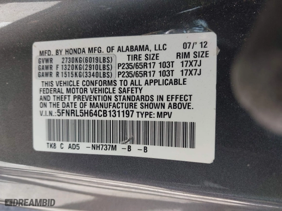 2012 Honda Odyssey EX-L with VIN 5FNRL5H64CB131197, listed as a IAAI auction lot 41829107 with 215,115 mi miles. Bid and sale history available at carsss.com. Image 9.