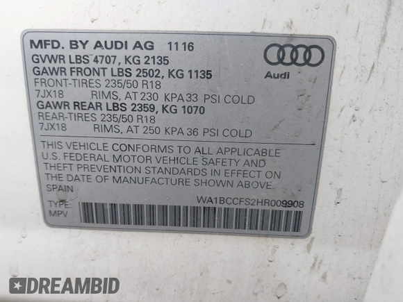 2017 Audi Q3 Premium z VIN WA1BCCFS2HR009908, wystawiony jako IAAI lot #41867249 z przebiegiem 116 804 mil mil oraz . Historia ofert i sprzedaży dostępna na DreamBid. Obrazek 9.