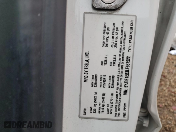 2020 Tesla Model 3 Long Range z VIN 5YJ3E1EB3LF667522, wystawiony jako Copart lot #57421145 z przebiegiem 77 821 mil mil oraz Szkoda całkowita • Salvage title. Historia ofert i sprzedaży dostępna na DreamBid. Obrazek 13.