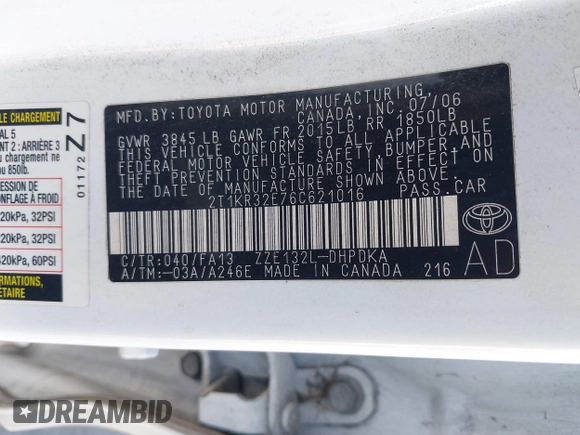 2006 Toyota Matrix STD with VIN 2T1KR32E76C621016, listed as a IAAI auction lot 41685401 with 216,185 mi miles and . Bid and sale history available at DreamBid. Image 9.