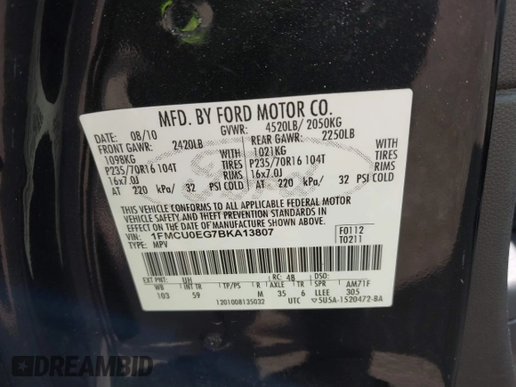 2011 Ford Escape Limited z VIN 1FMCU0EG7BKA13807, wystawiony jako IAAI lot #42661778 z przebiegiem 213 824 mil mil oraz . Historia ofert i sprzedaży dostępna na DreamBid. Obrazek 9.
