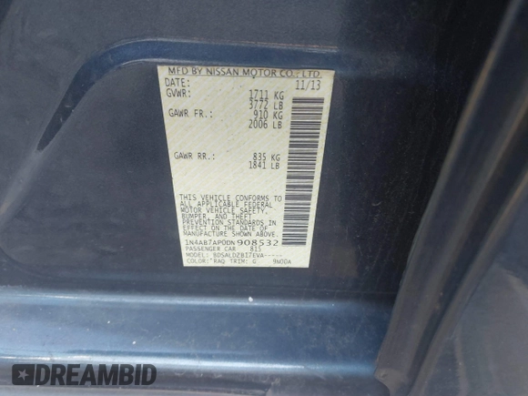 2013 Nissan Sentra SV with VIN 1N4AB7AP0DN908532, listed as a IAAI auction lot 41782881 with 193,296 mi miles and . Bid and sale history available at DreamBid. Image 9.
