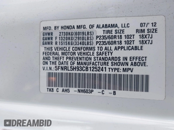 2012 Honda Odyssey Touring with VIN 5FNRL5H93CB125241, listed as a IAAI auction lot 42299053 with 125,549 mi miles and . Bid and sale history available at DreamBid. Image 9.