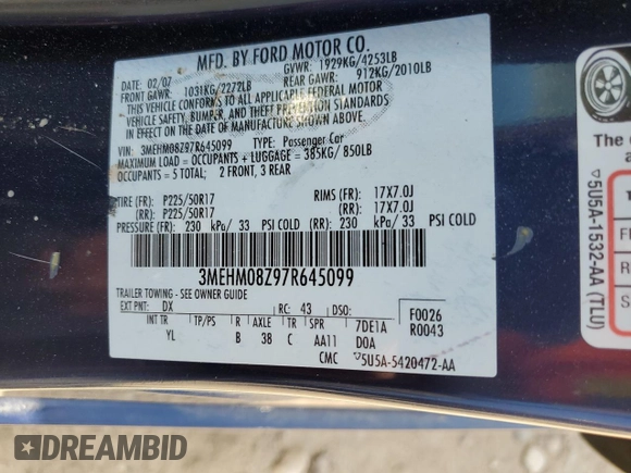2007 Mercury Milan Premier with VIN 3MEHM08Z97R645099, listed as a Copart auction lot 56129915 with Not provided miles and Salvage title. Bid and sale history available at DreamBid. Image 13.