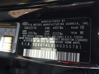 2019 Kia Optima S with VIN 5XXGT4L31KG355781, listed as a IAAI auction lot 41833796 with 130,804 mi miles. Bid and sale history available at carsss.com. Image 9.