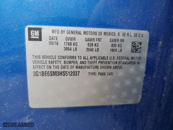 2017 Chevrolet Cruze LT with VIN 3G1BE6SM3HS512037, listed as a Copart auction lot 46114775 with 60,769 mi miles and Salvage Title. Bid and sale history available at carsss.com. Image 13.
