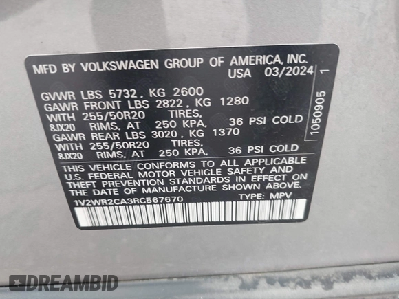 2024 Volkswagen Atlas SE with VIN 1V2WR2CA3RC567670, listed as a IAAI auction lot 42719550 with 36,623 mi miles and . Bid and sale history available at DreamBid. Image 9.
