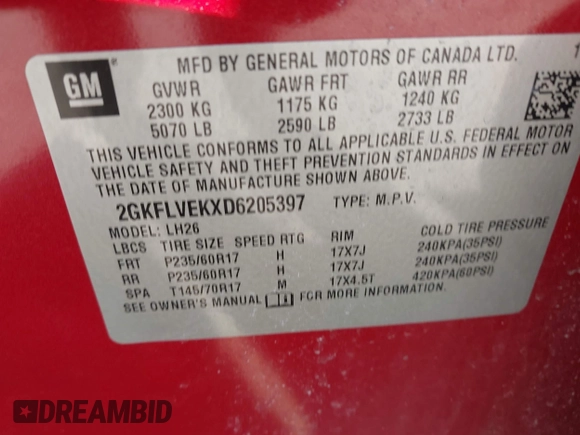 2013 GMC Terrain SLT with VIN 2GKFLVEKXD6205397, listed as a IAAI auction lot 41918708 with 111,780 mi miles and . Bid and sale history available at carsss.com. Image 9.