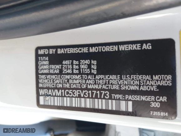 2015 BMW X1 sDrive28i with VIN WBAVM1C53FV317173, listed as a IAAI auction lot 41586385 with 146,068 mi miles. Bid and sale history available at carsss.com. Image 9.